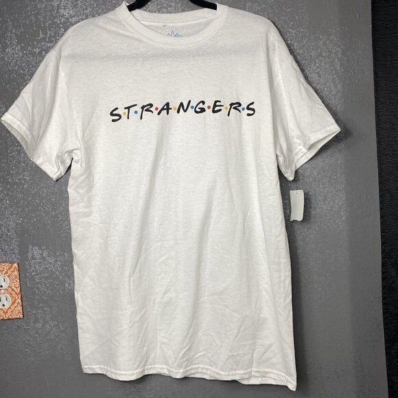 Altru funny white “Strangers” (spoof of Friends) short sleeve t-shirt. size M - Picture 2 of 7